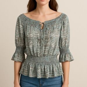 Green Smocked Ruffled 3/4 Sleeve Blouse